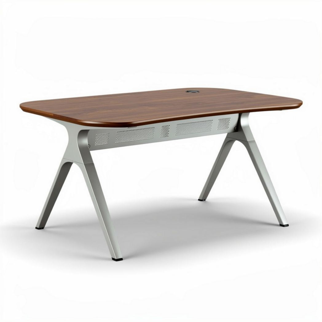 Bureau en bois de noyer et métal blanc 150 x 75 x 75cm avec port USB