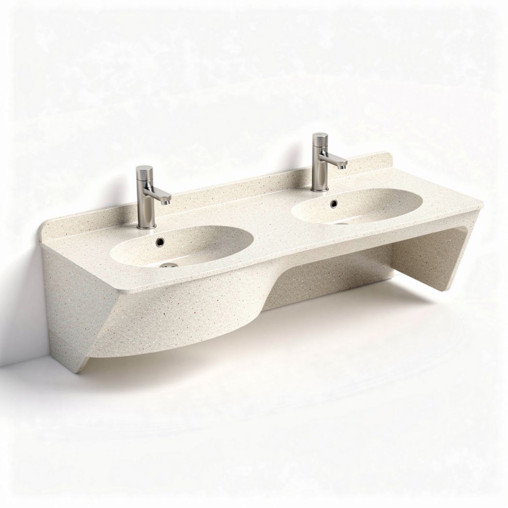 Lavabo double mural en résine minérale blanc 120 x 50 x 20 cm avec robinetterie intégrée