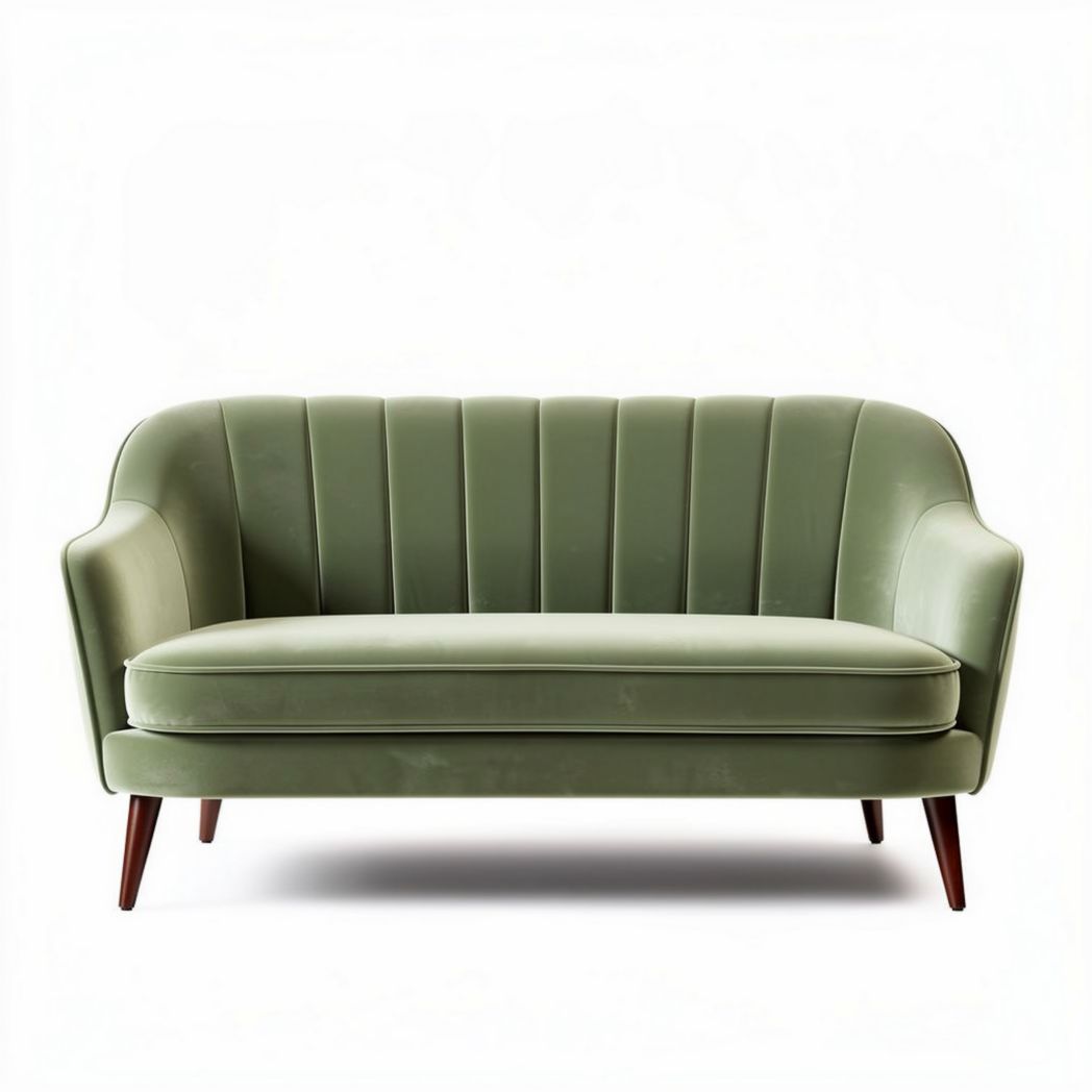 Canapé en velours vert de dimensions 150 x 75 x 75cm avec pieds en bois