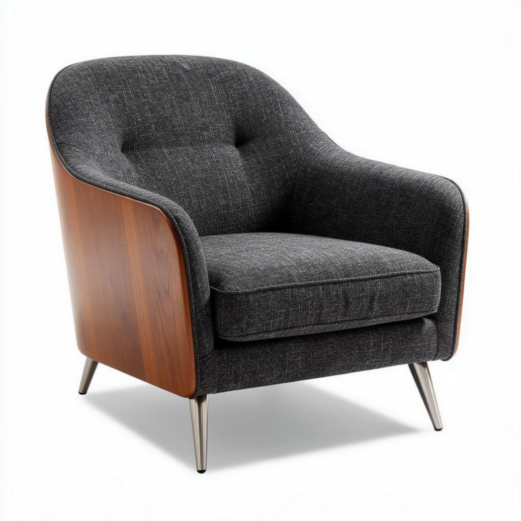 Fauteuil en tissu bleu avec accoudoirs en cuir marron dimensions 80 x 80 x 75cm